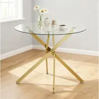 OKWISH Eettafel - Rond Design Van Gehard Glas - Voor 2 Tot 4 Personen - Modern Minimalistisch - 80 x 80 x 76 cm - Gouden Metalen Kruispoot