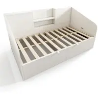 OKWISH Daybed 90x190 Cm – Eenpersoonsbed Met Hydraulische Opbergruimte En Laadstation – Met Open Vakken – Zonder Matras – Hout – Wit