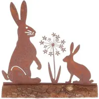 Massamarkt Deco Object Konijnen Met Bloem Metaal Op Hout 20x5x20,5cm Rusty-roestkleur Bruin