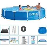 Intex Rond Frame Zwembad - 366 x 76 cm - Blauw - Inclusief Afdekzeil - Onderhoudspakket - Zwembadfilterpomp - Filter - Grondzeil - Solar Mat - Ladder - Voetenbad - 9-delig