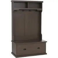 MCW Garderobekast -P27, halgarderobekast, houten garderobekast met zitbank, 4 haken, opbergvak, melamine, 163 x 100 x 47 cm ~ walnootlook