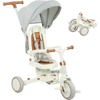 AIYAPLAY Driewieler 5-in-1 met duwstang, geschikt voor kinderen van 1-3 jaar, opvouwbaar, crèmekleurig