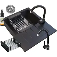 Granitan Spoelbakken Keuken Granieten Milano - Enkele Spoelbak - met Sifon en Kraan - 57x46x16cm - Zwart
