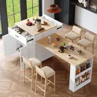 Sweiko Uitschuifbare bartafel met opbergruimte (133-202 x 70 x 93,5 cm), met twee lades en vier vakken, uitbreidbare keukeneilandtafel, geschikt voor 2-6 personen, keukentrolley met zijvakken, wit