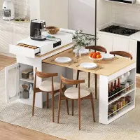 Great han Keukeneiland met wielen, uitschuifbare eettafel met inklapbaar tafelblad, bar met stopcontacten en haken, te gebruiken als salontafel. Kleur: wit