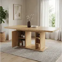 OKWISH Eettafel – Uitschuifbaar 140/180 x 80 cm – Voor 6 Tot 8 Personen – Met Opbergruimte – Scandinavische Stijl – MDF Eikenkleur