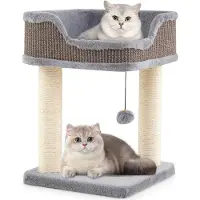 Costway Kraboom klein, kattenboom met grote pluche zitplaats, bal en sisal krabpalen, kattenmeubel, klimboom, speelboom, kattentoren, 38x38x51cm, grijs