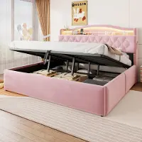 STILVORA Gestoffeerd Bed 180x200 cm Met Matras – Hydraulisch Opbergbed Met LED Hoofdbord, USB En USB C – Dubbel Bed Voor Volwassenen – Samtlook – Roze