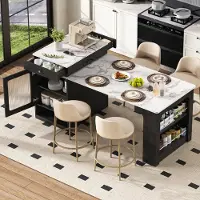 Great han Mobiel keukenblok in zwart, met wielen, uitschuifbare eettafel met afneembaar tafelblad, bar met stopcontacten, aanrecht en sideboard
