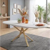 OKWISH Uitschuifbare Eettafel Rond 4 Tot 6 Personen Met X Poten Modern Wit En Houtkleurig MDF 100 Tot 140 X 100 Cm