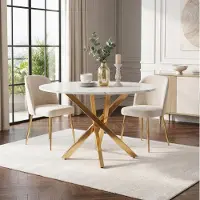 OKWISH Eettafel Ronde Tafel 80 Cm Marmorlook Met Goudkleurige Metalen X Poten Modern Minimalistisch Wit Gold En Compact Voor Woonkamer Keuken