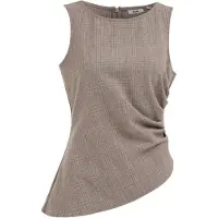 We fashion - Dames asymmetrische top met ruit en plooidetail - Regular fit - Bruin - Maat: S