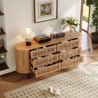 MODFU Dressoir 160x40x70 cm, Kommode met 6 lades en lamellenstructuur, Opbergkast voor de woonkamer met metalen poten, Natuurlijk hout