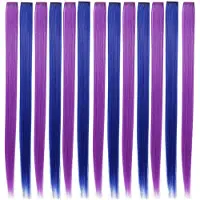 Semoic 13 Stuks Gekleurde Party Highlights Kleurrijke Clip in Hair Extensions 55cm Rechte Synthetische Haarstukken, Paars + Blauw