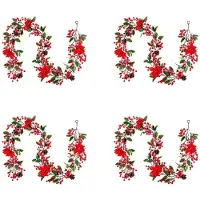 Torribaly 4stuks 6.3FT Bessen Kerstslinger, Kunstmatige Poinsettia-Slinger, Kerstbessenslinger met Dennenappels