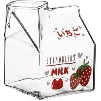 Torribaly 350ML Kawaii Vierkante Melkpak Glazen Beker Hittebestendig Schattig Aardbei Perzik Ontbijtbeker Puddingbeker Melkflessen, A