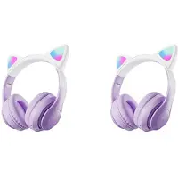 Torribaly 2X Leuke Kattengradiënt Draadloze Headsets LED-Licht -Koptelefoon met Microfoon Kinderen Stereotelefoon Muziekspel Headset Paars