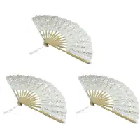 Torribaly 3X Handgemaakte Katoenen Kant Opvouwbare Handventilator voor Feestbruiloftdecoratie (Beige)