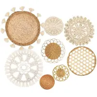 Semoic Boho Wanddecoratie met Mand, Platgeweven Wanddecoratie met Mand, Ronde Kwastjes, Wit Macramé Wandtapijt, Kunst, 8 Stuks