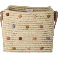 Rice Raffia Square With Dots And Leather Handles Mand