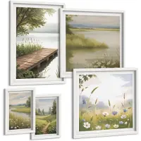 Tulup 4-Delige Schilderij Set - Rustige natuurlandschappen met houten brug en weilanden - 50 x 50 cm, 20 x 30 cm en 40 x 60 cm - Stijlvolle Wanddecoratie - Interieur - Moderne Wanddecoratie