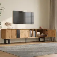 MODFU TV-meubel met 3 deuren, TV-kast met open vakken, TV-bank met houten uitstraling en zwarte metalen poten, woonkamerkast met kabeldoorvoeringen