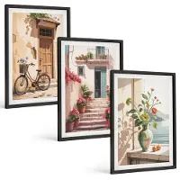Tulup 4-Delige Schilderij Set - Geschilderde straten met bloemen en een fiets - 40 x 60 cm - Wanddecoratie - Muurdecoratie - Woonkamer - Stijlvolle Muurdecoratie