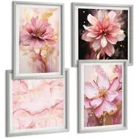 Tulup 4-Delige Schilderij Set - Bloemencomposities in roze en witte tinten. - 40 x 40 cm en 40 x 60 cm - Muurdecoratie - Wanddecoratie - Hal