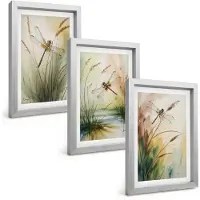 Tulup 4-Delige Schilderij Set - Libellen tussen het gras bij het water in een schilderachtige stijl. - 20 x 30 cm - Stijlvolle Muurdecoratie - Kantoor - Decoratieve Schilderijen