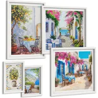 Tulup 4-Delige Schilderij Set - Charmante mediterrane landschappen met bloemen en fruit. - 50 x 50 cm, 20 x 30 cm en 40 x 60 cm - Wanddecoratie - Muurdecoratie - Woonkamer