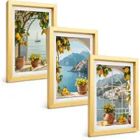 Tulup 4-Delige Schilderij Set - Citroenen en bloemen in potten in een kustplaats - 20 x 30 cm - Wanddecoratie - Schilderijen Set - Kantoor - Decoratieve Schilderijen