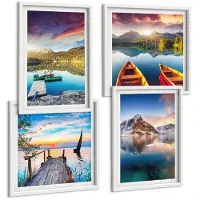 Tulup 4-Delige Schilderij Set - Rustige meren met berglandschap en boot - 40x40 en 40x60 - Decoratieve Schilderijen - Wanddecoratie - Hal