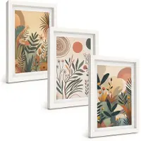 Tulup 3-Delige Schilderij Set - Plantmotieven in gedempte kleuren met cirkels. - 20x30 - Muurdecoratie - Schilderijen Set - Woonkamer - Wanddecoratie
