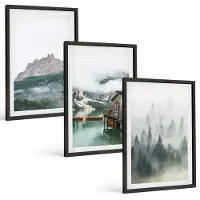 Tulup 4-Delige Schilderij Set - Bergen, meer, huisje en mist in het bos - 40 x 60 cm - Stijlvolle Muurdecoratie - Kantoor