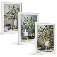 Tulup 3-Delige Schilderij Set - Olijven in keramische schalen op een grijze achtergrond - 40x60 - Moderne Wanddecoratie - Woonkamer - Stijlvolle Muurdecoratie