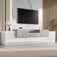 MODFU Hoogglans TV-meubel, 200 cm. TV-kast met 4 deuren, een lade en een glazen plank, witte TV-kast met cementlook, woonkamerkast met kabeldoorvoeren