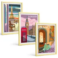 Tulup 4-Delige Schilderij Set - Retro stadsgezichten van Parijs, Londen en Frankrijk - 40 x 60 cm - Schilderijen Set - Wanddecoratie - Woonkamer - Stijlvolle Muurdecoratie