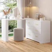 OKWISH 2-in-1 make-up tafel met draaibare tafelplaat, make-up tafel met LED-verlichting en 6 lades, dressoir voor woonkamer of slaapkamer, wit