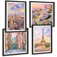 Tulup 4-Delige Schilderij Set - New York Parijs Oia Warschau Zonsondergang - 40 x 40 cm en 40 x 60 cm - Decoratieve Muurdecoratie - Slaapkamer - Decoratieve Schilderijen