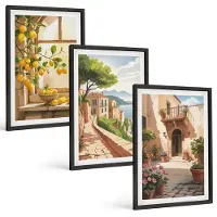 Tulup 4-Delige Schilderij Set - Citrusvruchten in de keuken, uitzicht op de zee en het charmante stadje. - 40 x 60 cm - Schilderijen Set - Wanddecoratie - Woonkamer - Woonkamer Decoratie