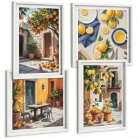 Tulup 4-Delige Schilderij Set - Citrusvruchten in een zonnige tuinscène - 40x40 en 40x60 - Muurdecoratie - Wanddecoratie - Slaapkamer - Interieur Decoratie