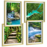 Tulup 4-Delige Schilderij Set - Groene bossen en kristalhelder rivierwater - 40 x 40 cm en 40 x 60 cm - Decoratieve Schilderijen - Wanddecoratie - Hal - Stijlvolle Muurdecoratie