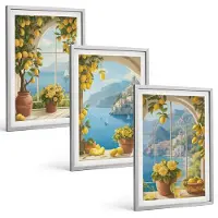 Tulup 4-Delige Schilderij Set - Zeegezichten met Italiaanse citroenen in de ramen. - 40 x 60 cm - Muurdecoratie - Schilderijen Set - Woonkamer - Wanddecoratie