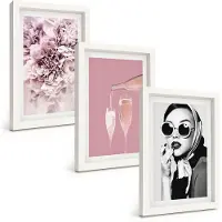 Tulup 3-Delige Schilderij Set - Bloemen in verschillende tinten roze en een elegante vrouw - 20x30 - Wanddecoratie - Muurdecoratie - Moderne Interieurdecoratie - Woonkamer Decoratie