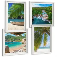 Tulup 4-Delige Schilderij Set - Strand met boten, watervallen en palmbomen in de tropen - 40x40 en 40x60 - Muurdecoratie - Wanddecoratie - Hal - Woonkamer Decoratie