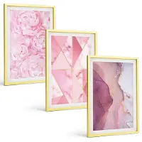 Tulup 4-Delige Schilderij Set - Roze pioenrozen met geometrische patronen - 40 x 60 cm - Decoratieve Schilderijen - Wanddecoratie - Hal
