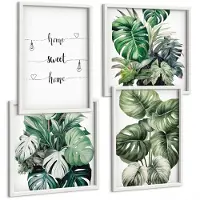 Tulup 4-Delige Schilderij Set - Aquarel Monstera verlaat het fijne thuis - 40x40 en 40x60 - Muurdecoratie - Wanddecoratie - Slaapkamer - Decoratieve Schilderijen