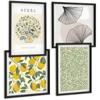 Tulup 4-Delige Schilderij Set - Citroenmotieven met kruiden en plantenbladeren - 40 x 40 cm en 40 x 60 cm - Wanddecoratie - Moderne Interieurdecoratie - Interieur Decoratie
