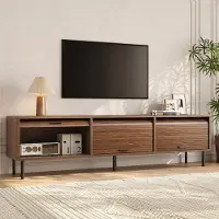 MODFU TV-kast met 3 deuren, TV-meubel met schuifdeuren en een verticale structuur, tv-tafel met opbergruimte en zwarte metalen poten, 180x40x55 cm, walnoot