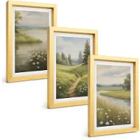 Tulup 4-Delige Schilderij Set - Lentelandschap met een rivier, pad en bloemenweide - 20 x 30 cm - Muurdecoratie - Wanddecoratie - Hal